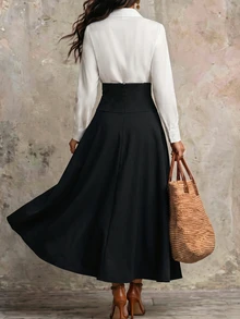 Holdful Holdful Solid Shirt & High Waist Fold Pleated Skirt - Black and White - View 2