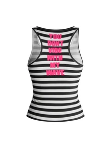 ROMWE Y2K Women's Letter Print Striped Casual Everyday Top - Black and White - View 2