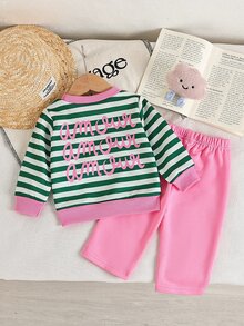 SHEIN 2件組幼女運動衫長褲套裝，可愛甜美綠粉條紋 Amour 字母羅紋長袖圓領生日寬鬆 Y2K 風格 - 淺粉色 - 查看 2
