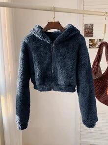 Comfortcana 秋冬款黑色落肩連帽短版法蘭絨拉鍊夾克 - 藏蓝色 - 查看 3