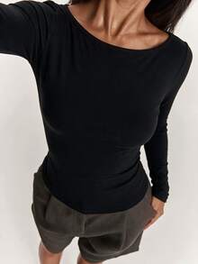 SHEIN BAE 95% Cotton Women's Casual Backless Fitted Long Sleeve T-Shirt - Black - View 3