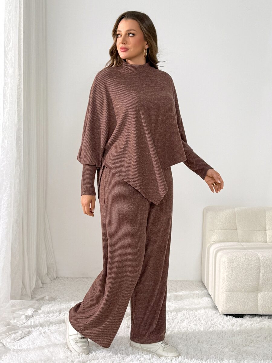 Shapeblank Women's Plus-Size Fall/Winter Two Pieces Set: Stylish, Loose, Stretchy, And Comfortable Long-Sleeve Mock-Neck Cape Top With Wide-Leg Trousers (Brown) - Brown - View 1