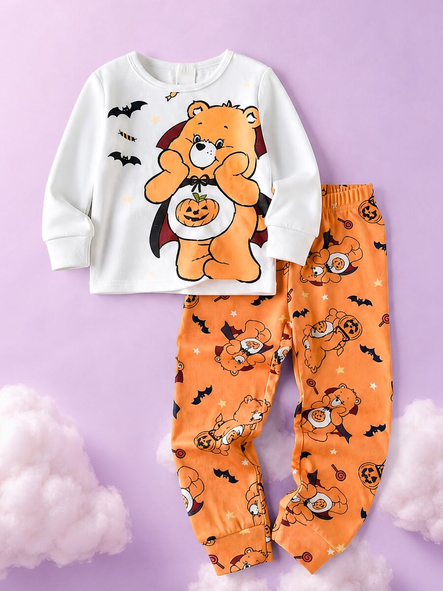 SHEIN X Care Bears 女童萬聖節熊圖案睡衣套裝 - 亮橙色 - 查看 1