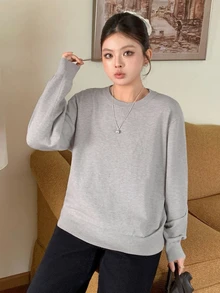 Dazy Plus Áo len cổ tròn dáng rộng màu trơn phong cách thường ngày dễ phối đồ cho mùa Thu/Đông mới - Xám - Xem 3
