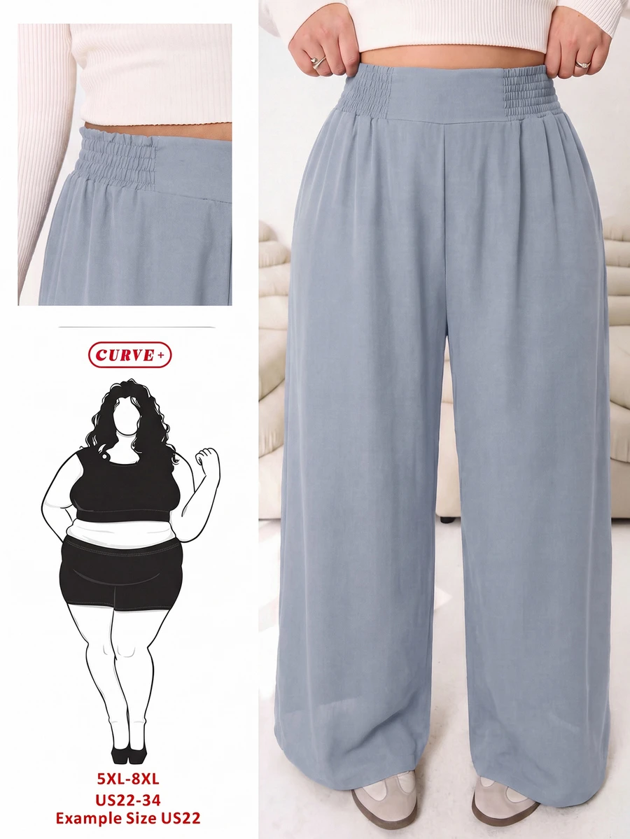 SHEIN CURVE+ 大尺碼女款純色抽褶腰寬腿寬鬆長褲 秋季 - 淺灰色 - 查看 1