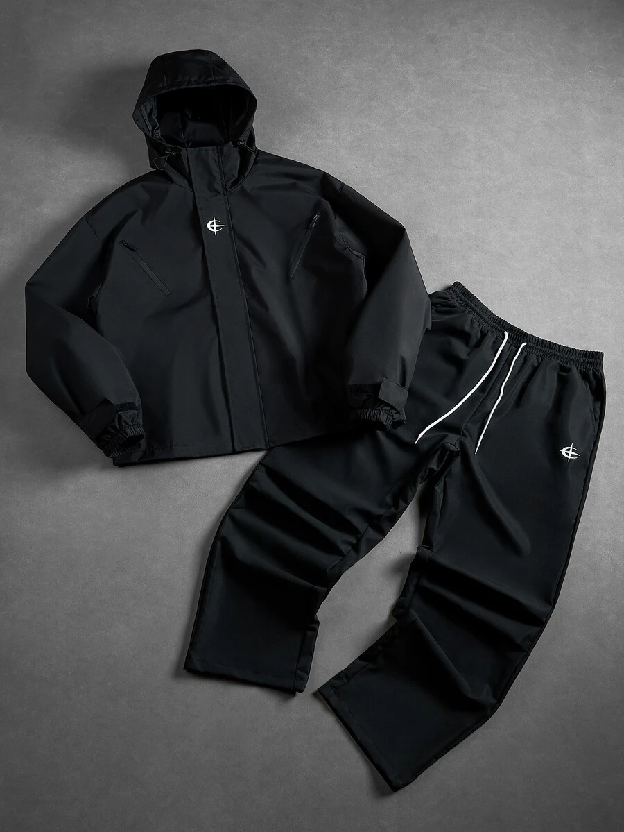 Manfinity Roughcore Y2K Contrast Color Stitching 2 Pieces Sports Set, Loose Zipper Jacket + Wide Leg Pants, Letter Embroidery Street Style Casual Outfit - Black - View 1