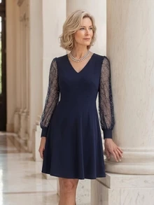EMERY ROSE Elegant V-Neck Contrast Mesh Long Sleeve Short Dress For Middle-Aged And Elderly Women - Blue - View 4