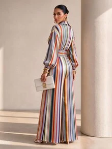 Structelle Women's Casual Commute Professional Colorful Striped Shirt Collar Jumpsuit - Multicolor - View 2