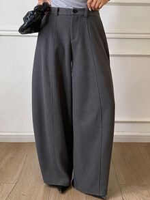 Dazy Plus Celana Panjang Polos Longgar dengan Belahan Kaki Melengkung, Gaya Kasual Streetwear Korea, Tebal, Cocok untuk Musim Gugur/Dingin - Dark Grey - View 1