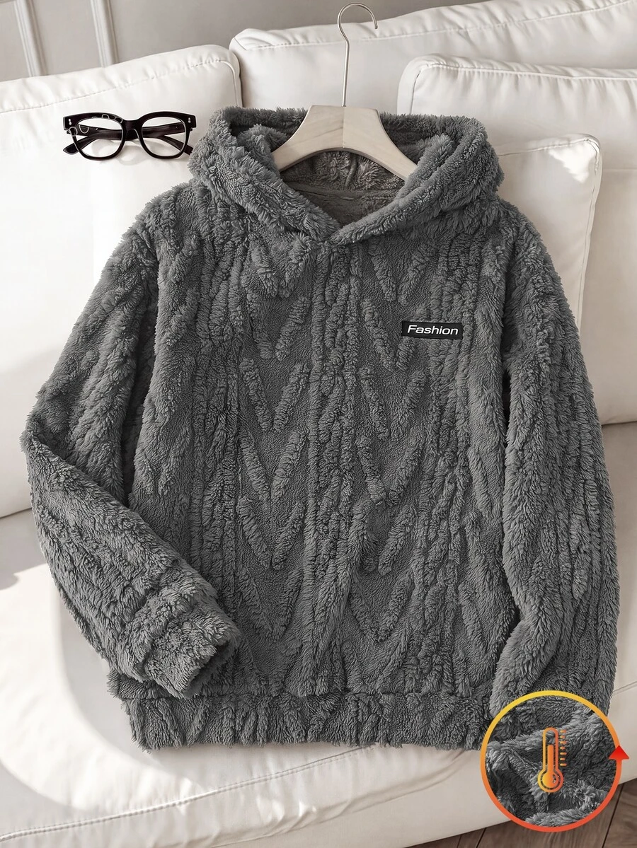 SHEIN Tween Boy Casual Minimalist Textured Fleece Hooded Sweatshirt - Grey - View 1
