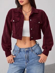 SHEIN PETITE 秋季女裝落肩翻蓋設計短版燈芯絨黑色夾克，適合嬌小女性，開學季、上班、旅行、日常穿搭、街頭休閒風 - 紫紅色 - 查看 4