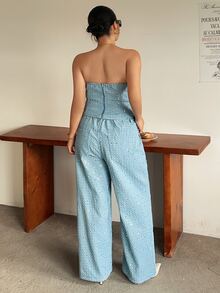 Dazy Plus Plus Size Sequin Tube Top And Pocket Long Pants Denim Set, Fashion Party - Teal Blue - View 2
