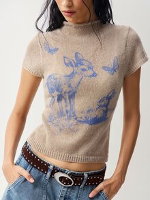 Bohemela Women's Deer Pattern Stand Collar Short Sleeve Casual Knit Top - Khaki - View 4