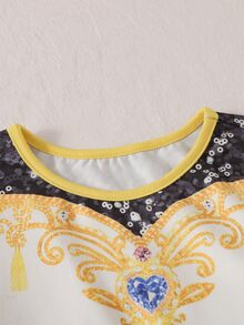SHEIN 少女黑色與金色寶石印花圓領長袖洋裝 - 白色 - 查看 4