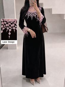 Yasmyna Autumn/Winter Velvet Muslim Long Dress, Pink Lace Stand Collar Patchwork Long Sleeve Evening Gown - Black - View 4