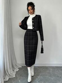 Elenzga Elegant Plaid Short Jacket And Skirt 2pcs Set, Autumn Fall Cloth For Women - Black - View 5