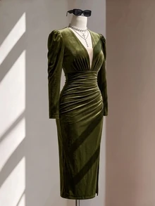 Fine & Folde Women's Elegant Velvet Slim Fit Long Sleeve Dress - Olive Green - View 3
