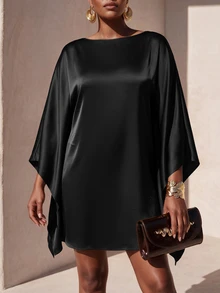 Zivah New Fall/Winter Plus Size Women's Brown Cape With Batwing Sleeves Mini Dress/Vacation/Elegant/Holiday/Party/Festival/Boho/Concert/Office/Commuting - Black - View 6