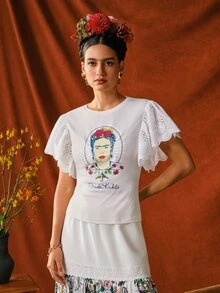 Glamance Frida Kahlo X SHEIN Women's Round Neck Cartoon Print Casual Daily T-Shirt - White - View 1