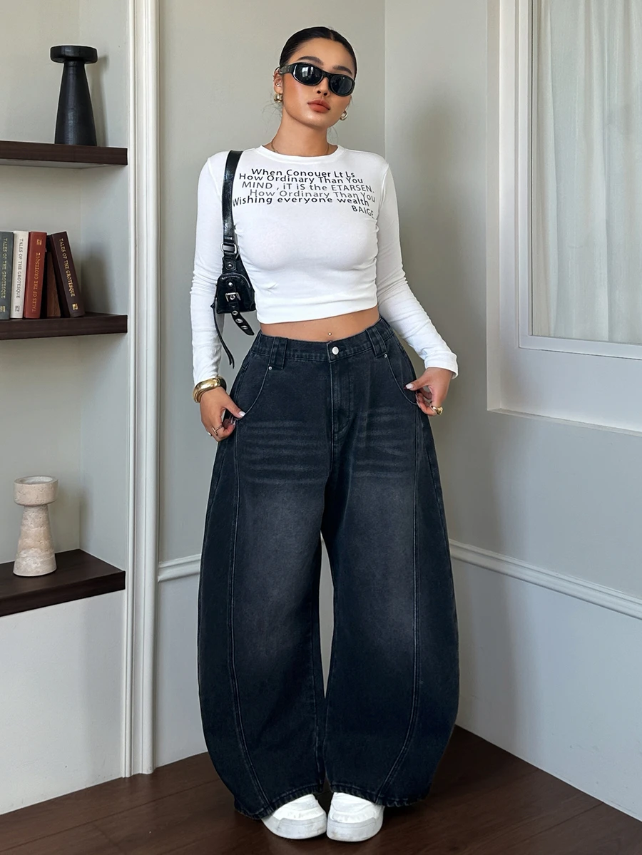 Dazy Plus American Style Loose Curved Leg Denim Jeans, Vintage Washed Wide Leg Casual Long Pants - Black - View 1