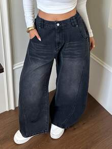 Dazy Plus American Style Loose Curved Leg Denim Jeans, Vintage Washed Wide Leg Casual Long Pants - Black - View 6