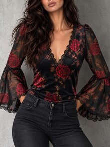 LUMIGAL Vintage Elegant V-Neck Printed Velvet Bell Sleeve Lace Trim Patchwork Fitted T-Shirt - Black - View 7