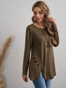 EMERY ROSE Áo thun nữ tay dài phong cách thường ngày, trang trí cúc, gấu áo uốn lượn, áo thu đông cho nữ - Màu nâu Sô-cô-la - Xem 4