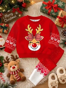 Baby Girl Cute Adorable Christmas Reindeer Pattern, Snowflake, Christmas Red, Soft Thick Round Neck Long Sleeve Sweatshirt & Leggings Set, Suitable For Autumn/Winter, New Fall Styles, Chic, Fall Sets - Multicolor - View 3
