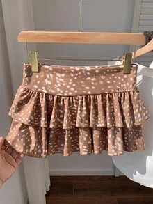 SHEIN EZwear 休閒極簡女款雙層波浪下擺 A 字百褶荷葉邊鹿紋裙，適合日常通勤、約會、聚會，秋季裙，適用秋冬夏季、聖誕節、新年、感恩節、派對 - 彩色 - 查看 3