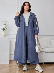 Veilorie Plus Size Zip-Up Long Sleeve Hooded Jacket And Pants 2 Pieces Set - Dusty Blue - View 1
