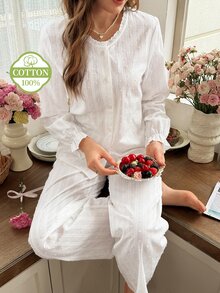 Snug Reverie 100% Cotton Jacquard Lace Trim White Long Sleeve Loungewear Set - White - View 4