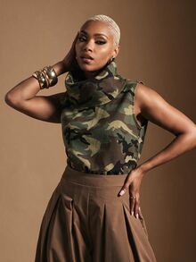 Vixey Funnel Neck Relaxed Fit Denim Top, Office Outfit, Summer/Spring - Army Green - View 3