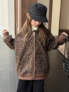 Dazy Kids Tween Girl) Leopard Print Loose Hooded Long Sleeve Autumn/Winter Basic Sweatshirt Jacket - Brown - View 8