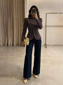 Firerie Women's French Elegant Button Petal Sleeve Blazer - Brown - View 1