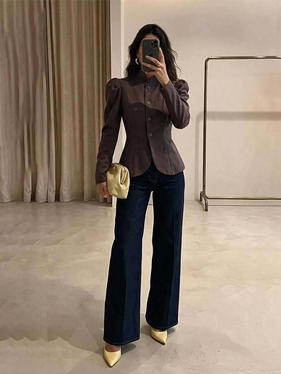 Firerie Women's French Elegant Button Petal Sleeve Blazer - Brown - View 1
