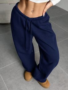 SHEIN EZwear 女款休閒基礎款寬鬆寬腿純色運動長褲，適合畢業季、返校、教師穿搭、上班、居家休閒、冬季健身，淺灰色 - 藏蓝色 - 查看 7