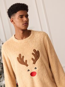 Chillnights Men's Deer Horn Embroidered Long Sleeve Fleece Top And Plaid Pants Loungewear Set - Brown - View 5