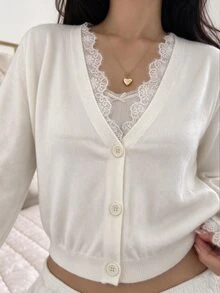 Sunnyshic Women's Autumn/Winter Casual Young Lace Patchwork Knit Cardigan - Beige - View 3