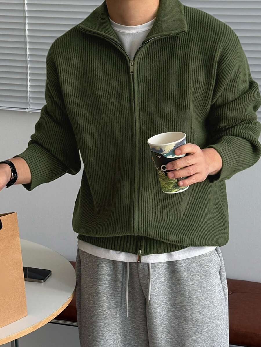 DAZY 秋冬軍綠色拉鍊立領開襟男士開襟衫 - 軍綠色 - 查看 1