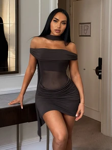 SHEIN SXY Women's Solid Color Pleated Casual Minimalist Summer Short Dress - Coffee Brown - View 5