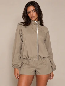 Brilight Women's Autumn & Winter Stand Collar Zip Jacket & Shorts Set, Contrast Piping & Drawstring Waist Two-Piece Outfit For Daily Outings - Khaki - View 4