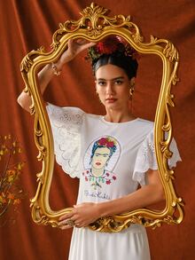 Glamance Frida Kahlo X SHEIN Women's Round Neck Cartoon Print Casual Daily T-Shirt - White - View 6