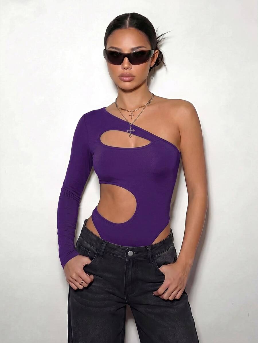 SHEIN ICON 春夏女款黑色哥德風頹廢風性感純色不對稱剪裁緊身連身衣 - 紫色 - 查看 1