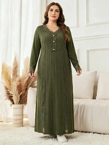 Al Najma Women's Plus Size Elegant Textured Lace Patchwork Dress - Green - View 7