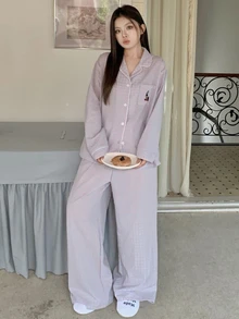 Dazy Plus 大尺碼格紋寬鬆睡衣套裝，適合四季穿著，秋冬服飾，舒適居家穿搭 - 薄荷藍 - 查看 5