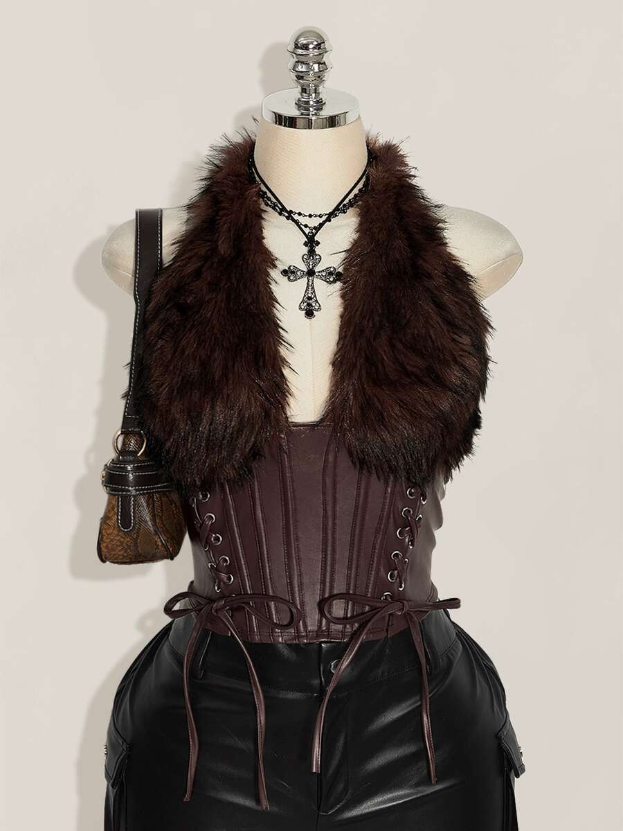 SHEIN ICON Plus Size Y2K Sexy Faux Fur Patchwork Halter Neck Corset Top - Brown - View 1