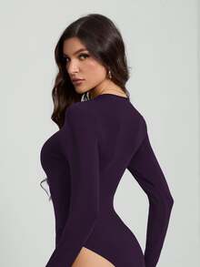 SHEIN Tall Solid Color Long Sleeve Slim Fit Black Bodysuit, Tall Women - Purple - View 2