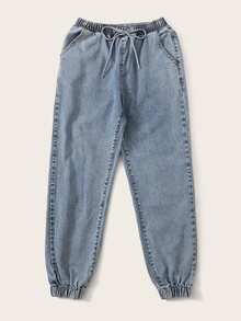 SHEIN EZwear 高腰收腰錐形牛仔褲 日常校園淺藍色秋季休閒街頭風 - 藍色 - 查看 3