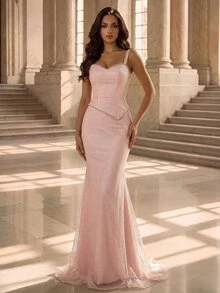 Coutiva Women's Rhinestone Decorated Elegant Waist-Cinched Evening Party Dress - Pink - View 5