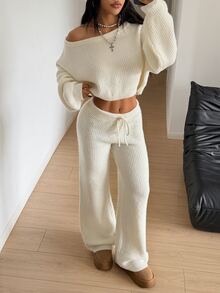 StreetHx Streetwear Women's Autumn/Winter Solid Color Y2K Loose Relaxed Dropped Shoulder Street Style Sweater 2 Pieces Set - Apricot - View 1